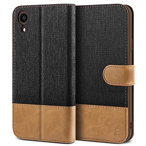 Image of BEZ iPhone XR Case, iPhone XR Phone Case Compatible for iPhone XR, Wallet Cover [Canvas Faux Leather] with Credit Card Holders, Kick Stand, Magnetic Strap Closure, Black