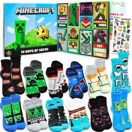 Image of Minecraft Countdown to Christmas Advent Calendar Socks Set - Bundle with 12 Pairs of Socks for Boys | Minecraft Sock Gift Box (US, Age, 6, 8, Multicolor)