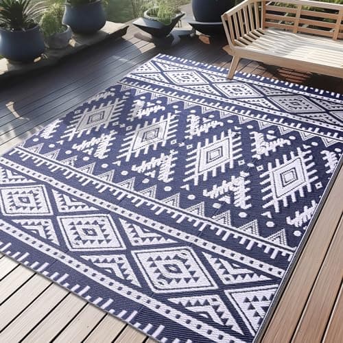 Image of Homaxy Waterproof Outdoor Rug, Anti-slip Reversible UV Resistant Garden Rugs, Easy Cleaning Carpet Patio Area Rugs for Camping, Deck, Beach, Picnic, Backyard (150 x 240 cm, Navy Blue & White)