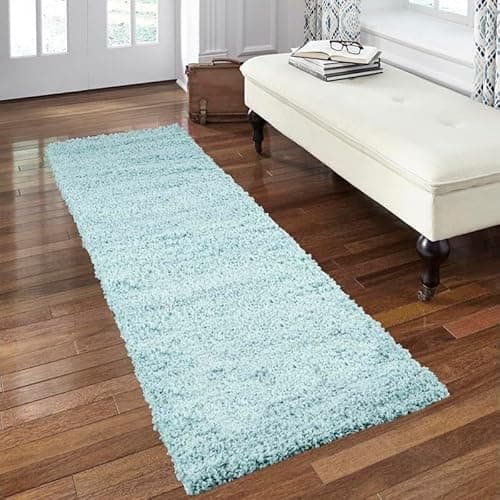 Image of Everest 5cm shaggy Rugs for living room thick pile modern rugs for bedroom, kitchen, hallway, runner, kids' room, small to Large fluffy carpet, Duck Egg Blue 60x230cm Runner