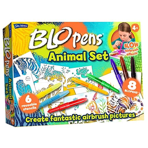 Image of John Adams BLOPENS® Animals Activity Set | Contains 6 Reusable Stencils & 8 BLOPENS | A Fab New Way to Colour & Draw | Ages 4+ | Great Gift Idea for Christmas For Boys & Girls | Washable & Non-Toxic