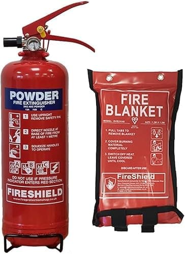 Image of Kitchen Fire Extinguisher - 2kg Powder Fire Extinguisher Bundle (Fire Extinguisher, Burns Kit, Fire Blanket) - FireShield (Extinguisher + Blanket)