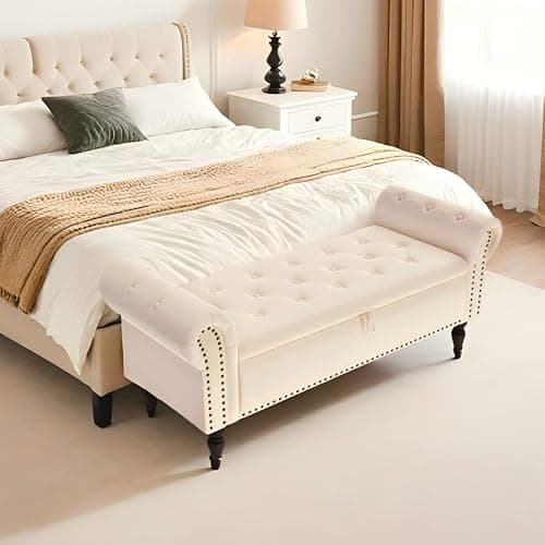 Image of Clevich Ottoman Storage Bench, Velvet End of Bed Storage Box with Lid, Sturdy Wood Legs Footrest, 168KG Load Capacity, Sofa Bench for Bedroom/Living Room, 133x53x46cm, Beige