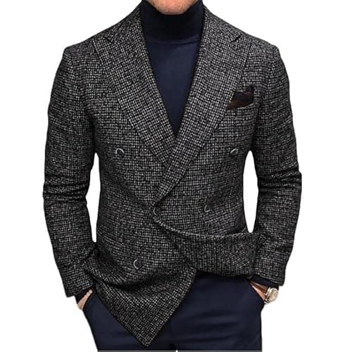 Image of DRCUIVS Men's Houndstooth Blazer Slim Fit Double Breasted Notch Lapel Business Suit Jacket, Grey, L