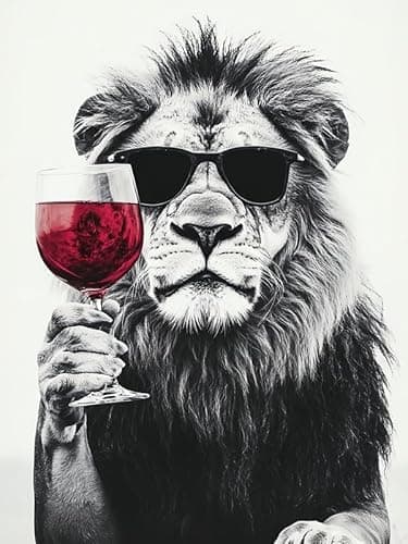 Image of Unicorn Posters A4 POSTER (11.8/8.3 inch) (30/21 cm) - Lion in Sunglasses Toasting Red Wine Regal Funny Animal Wall Print