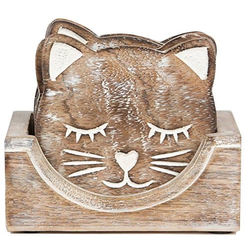 Image of Sass & Belle Wooden Brown Carved Cat Coaster - Set of 6