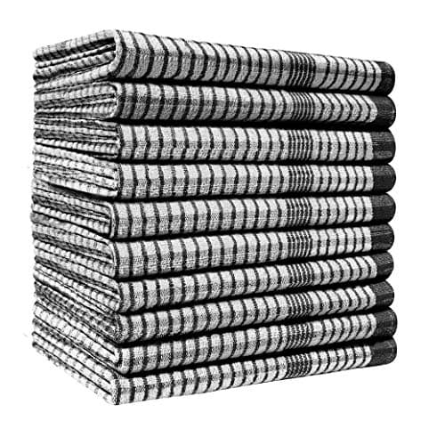 Image of Pack of 10 Heavy Duty (80gm/pc) WonderDry Checked Cotton Kitchen Tea Towels - Absorbent - Long Lasting – Professional Grade - Lint Free, Fade Resistant – Bar, Catering Restaurant Cloth- 50 x 70 cm