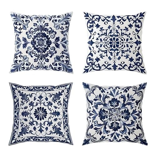 Image of Hopomoon Vintage Blue and White Cushion Covers Set of 4,Navy Blue Retro Boho Ethnic Tile Mediterranean Decorative Pillow Covers for Sofa Couch Bedroom Outdoor Home Chinoiserie Decor,45 X 45 cm