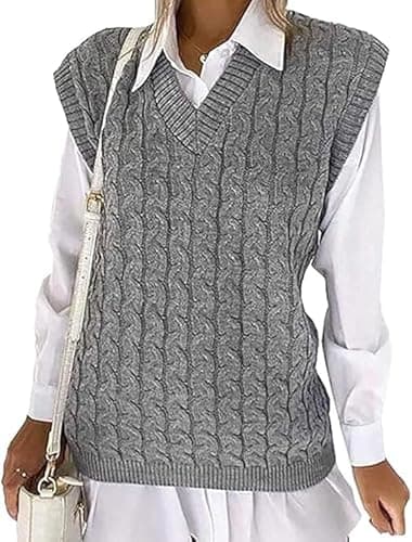 Image of Women's Ladies Cable Knit Sleeveless Vest Knitted Jumper V Neck Tank Top Chunky Sweaters Pull Over Casual Plus Size 8-22 UK (Grey, 16-18)