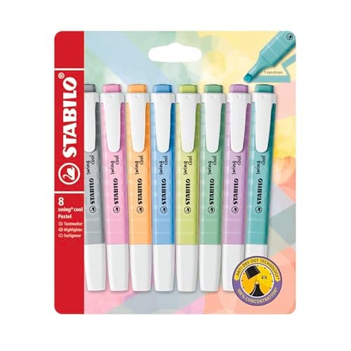 Image of STABILO swing cool Pastel - Highlighter - Pack of 8 - Breezy Blue, Touch of Turquoise, Hint of Mint, Pale Orange, Dash of Lime, Lilac Haze, Frozen Fuchsia, Dusty Grey