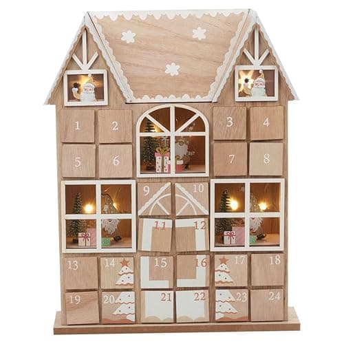 Image of URBNLIVING Wooden House Advent DIY Calendar to Fill Yourself Christmas Santa House with LED Lights 24 Drawer Countdown Reusable Tabletop Xmas Decorations for Adults Kids Gifts Holiday (Brown & White)