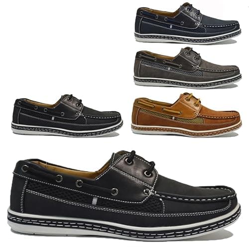 Image of Mens Leather Lace Up Shoes - Loafers Moccasin | Lightweight & Comfortable - Ideal for Casual Walking, Boat Deck, Driving Shoes (Black, UK Footwear Size System, Adult, Men, Numeric, Medium, 8)