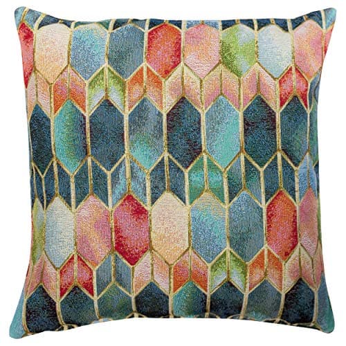 Image of Linen Loft Vintage Venice Stained Glass Style Tapestry Cushion Cover. Traditional Geometric Renaissance Design with Gold Detailing. 17x17 Square. Blue, Red, Green. Cover Only.