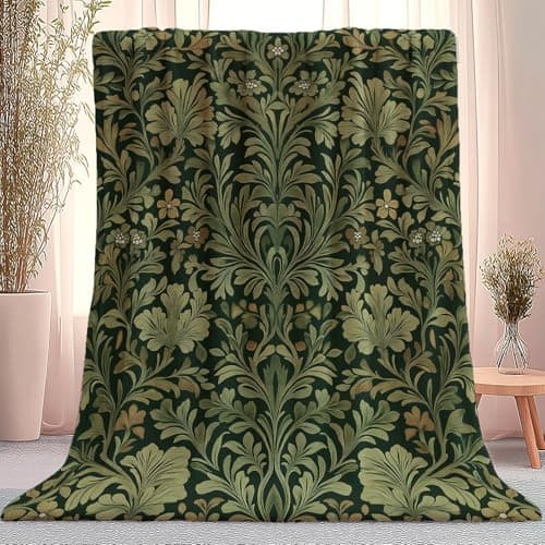 Image of Green Soft Flannel Throw Blanket, William Morris Plant Pattern Fleece Breathable Blanket Decorative for All Seasons - 130 x 150 cm Comfy Blankets for Chair Bed Sofa Couch Office