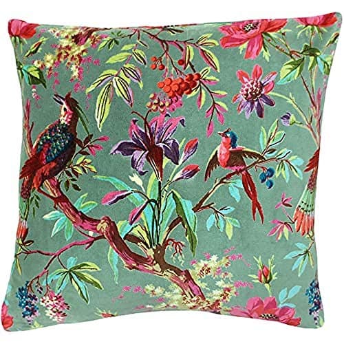 Image of Paoletti Paradise Square Cushion Cover - Mineral Colourful Bird Print Velvet Feel Cotton Fabric (50 x 50 cm, Pack of 1)