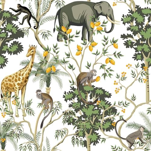 Image of VEELIKE Exotic Safari Wallpaper for Nursery Kids Room White Tropical Wallpaper for Bedroom Living Room Elephant Giraffe Monkey Wall Mural Peel and Stick Animals Jungle Wall Paper 44.5 cm x 300 cm