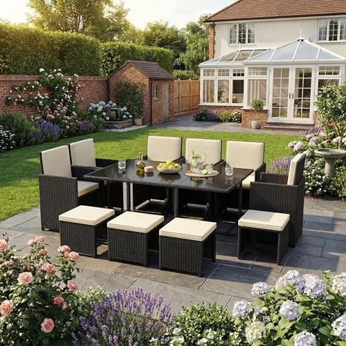 Image of Garden Vida Cuba 10 Seater Rattan Set | Black | Complete Outdoor Garden Patio Dining Table Set | Steel Frame & PE Wicker | UKFR Certified | Weather Resistant, Tempered Glass, With Cushions