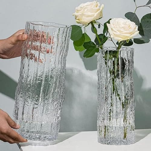 Image of QEEYON Glass Vase, Handmade Clear Glass Cylinder Posy, 25cm Tall Crystal Flower Vase for Flowers Floral Arrangement for Centerpieces Living Room, Kitchen, Office, Wedding (25 x 10cm)
