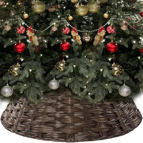 Image of 19cm H 40cm Top & 60cm Plastic Christmas Tree Skirt,Round Wicker Xmas Tree Stand Base Collar,Rattan Christmas Tree Skirt Basket Cover