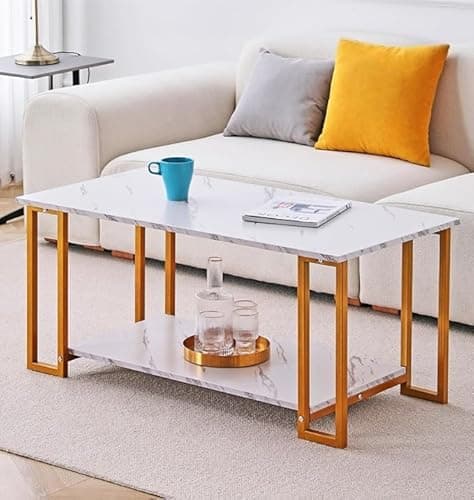Image of Hallowood Furniture Kempley Coffee Table White Marble Effect Top with Golden Metal Legs, Modern Rectangular Centre Table for Living Room with Lower Shelf for Magazines, Books and Decors