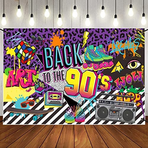 Image of 90's Party Decorations, Back To The 90's Backdrop Banner with Hanging Rope, 150x90cm Retro Hip Hop Graffiti Rock Punk Music Dance Wall Photography Background Birthday Party Supplies