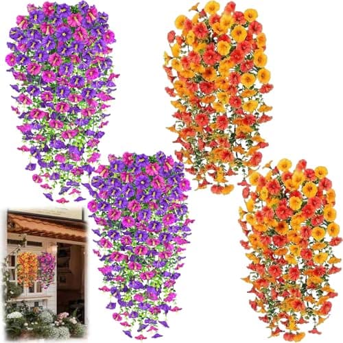 Image of LIUQOBN 4PCS Artificial Trailing Petunias Outdoor UV Resistant, Fade-Proof Fake Hanging Flowers for Baskets, Spring Garden Porch Patio Wedding Decor, Pink Purple & Orange