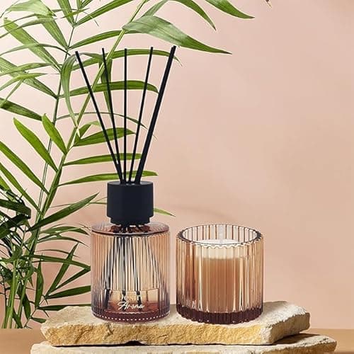 Image of Diffuser & Candle Ribbed Glass with Black Reeds - Pomegranate Noir Set