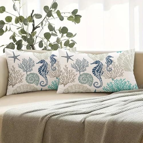 Image of Miuyunya Waterproof Cushion Covers, Petrol Green, Set of 2, Outdoor Ocean Beach Cushion, Maritime Seahorse Cushion Cover, 30 x 50 cm, Dark Green Cushion Cover, Decorative for Garden, Sofa, Living