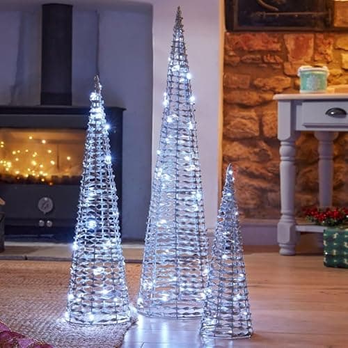 Image of Three Kings 80cm Glittertwist Set Of 3 Silver Light Up Cone Christmas Trees (2532076)