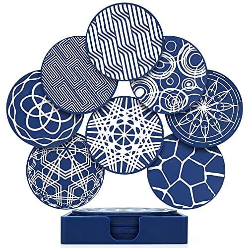 Image of Drink Coasters Set of 8, Blue Round Silicone Rubber Cup Pad with Square Storage Box Non-slip Mug Mat Decorative Coasters for Homes Bars Coffee & Most Cups Beer Mug Wine Glass Bottle - 9.8cm