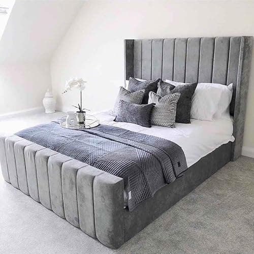 Image of New Jassat 5FT Kingsize 4FT6 DOUBLE Velvet Fabric Upholstered Chesterfield Wing Headboard Sleigh Bed (Grey, 4FT6 Double)