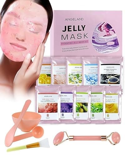Image of Jelly Mask Powder for Facials, 10 Flavors Hydrating & Moisturizing Jelly Face Mask SkinCare - Rose Hyaluronic Acid 24K Gold VC, Jelly Facial Mask with Jade Roller & Spatula Spa Use