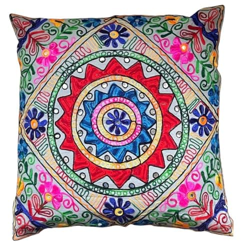 Image of Original Kikan Suzani Multi Colour Floral Embroidery 24" x 24" 60 x 60 cms Indian Ethnic Floor Cushion Cover Sofa Pillow Zipper Vegan (Grey)