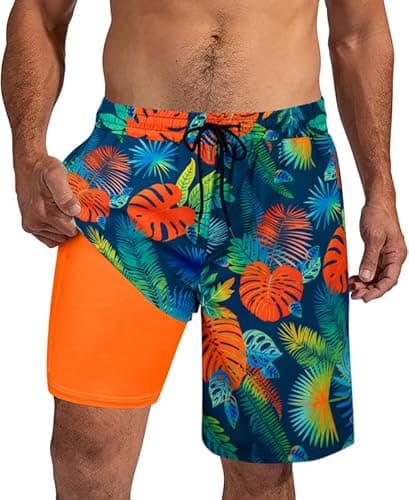 Image of XiaoMoSha Mens Swimming Shorts Men's Swim Trunks with Compression Liner 2 in 1 Board Shorts for Surf Beach Quick Dry, XL, OrangeLeaves