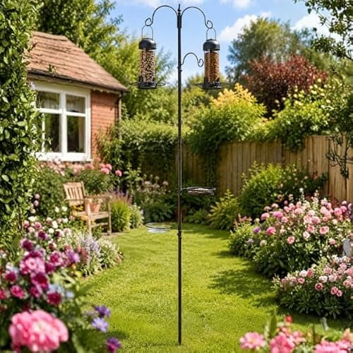 Image of Garden Mile 3 Arm Bird Feeding Station – Heavy Duty Metal Bird Feeder Pole with Hanging Hooks & Feeding Tray for Outdoor Garden Wildlife Feeding