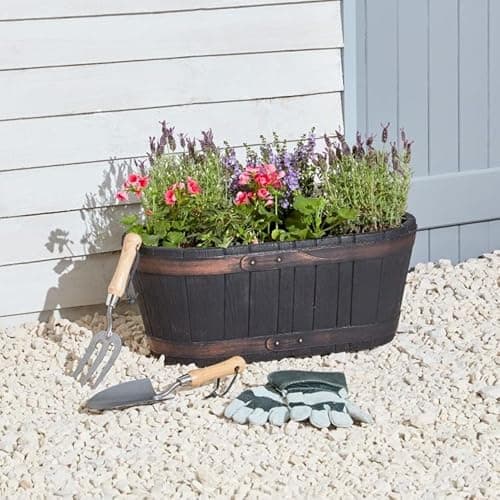 Image of rightclick Large Oakwood Barrel Trough Planter – Rustic Wooden Garden Trough for Flowers, Herbs, Vegetables & Shrubs – Heavy Duty Outdoor Wooden Plant Container for Patio, Balcony & Garden. 60cm