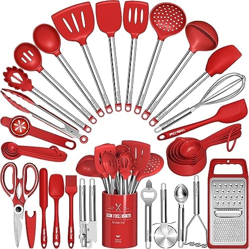 Image of Umite Chef Kitchen Utensils Set- 34 PCs Cooking Utensils with Grater, Spoon Spatula, Heat Resistant Food Grade Silicone, Stainless Steel Handles Kitchen Gadgets Tools Set for Nonstick Cookware(Red)