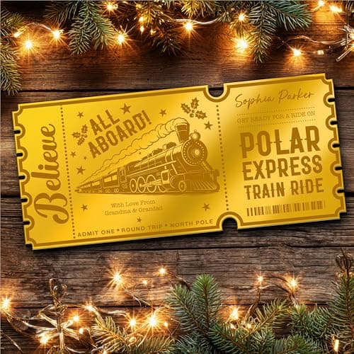 Image of Gold Mirror Acrylic Golden Ticket Christmas Train Polar Express Personalised Any Text Voucher | Custom Surprise Reveal Voucher Ticket | Announcement Greeting Card | Note Card