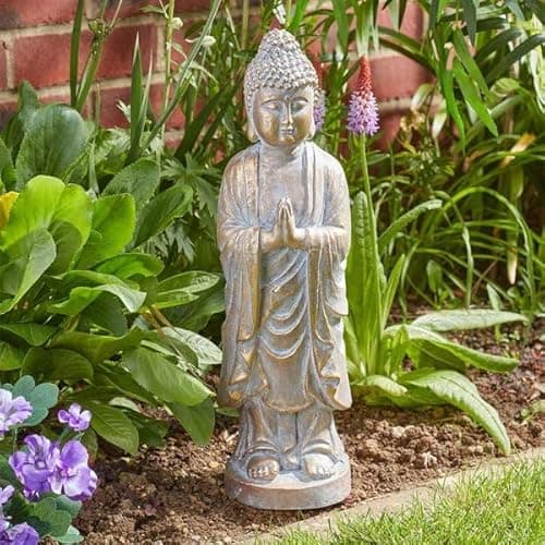 Image of Garden Mile Garden Buddha Statue Outdoor Ornaments, Distressed Gold Effect Meditating Buddha Sculpture Waterproof Resin Zen Ornament, Indoor Outdoor Feng Shui Decoration 46cm