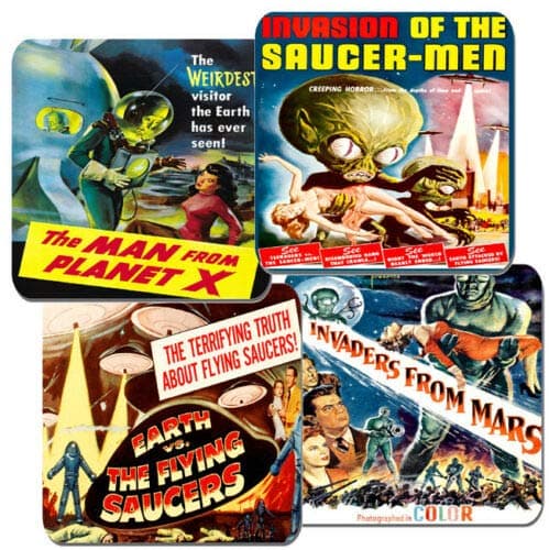 Image of Vintage 50's Sci Fi Space Movie Poster Coasters Set Of 4. Cork Backed. Classic Monster Film. Saucer Men