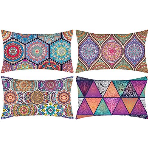 Image of DakTou Rectangle Cushion Covers 12x20 Modern Mandala Flower Pattern Pillow Cover Cases Cotton Linen Decorative Lumbar Pillowcase for Sofa Couch Bed Chair Bedroom Living Room 30cmx50cm Pack of 4