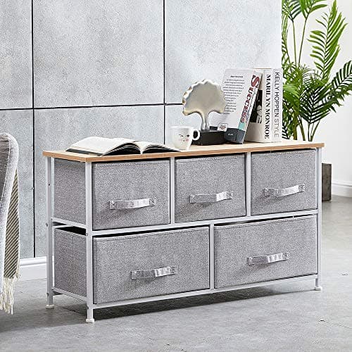Image of BOJU Bedroom Chest of Drawers Grey Living Room Unit Storage Sidebaord Cabinet Long TV Stand Table with with 5 Fabric Drawers for Kids Room Clothes Toy Collection Nursery Cabinet