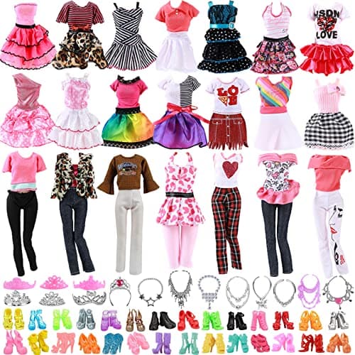 Image of 28 PCS Doll Clothes and Accessories Set, 3 Dresses 3 Fashion Clothes 10 Shoes 12 Jewelry Accessories, Summer Fashion Outfits Girls Birthday Gifts Compatible with Barbie 11.5 Inch Dolls(Random Style)