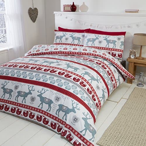 Image of Scandi 100% Brushed Cotton Flannelette Duvet Cover Set | Ultra-Soft Warm Bedding with 2 Pillowcases | Cozy Double Size for Winter Comfort | Red/Multi-Colour