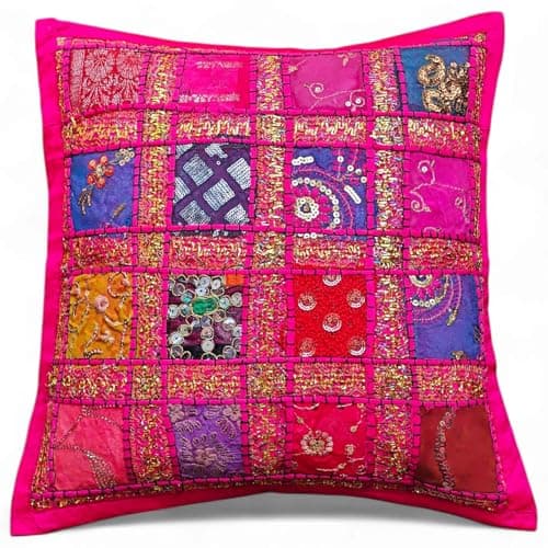 Image of Original Kikan Cushion Covers 16"x16" Indian Heavy Embroidery Sari Patchwork Square zip 40cm (PINK)