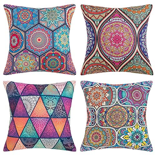 Image of DakTou Cushion Covers 45 x 45cm Throw Pillow Cases Boho Mandala Floral Pillowcases Cotton Linen Square Outdoor Decorative Modern Hippy Art Pillow Covers for Couch Sofa Pack of 4