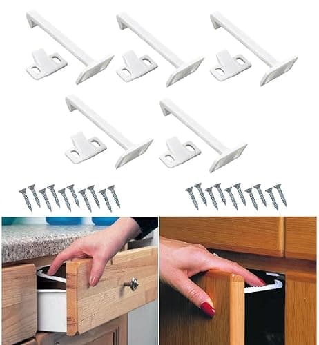 Image of TERF® White Child Safety Catch Lock Cupboard Door Drawer Cabinet Kitchen Bathroom Baby Safety Catch Lock For Children including Fixing Screw - Pack of 5