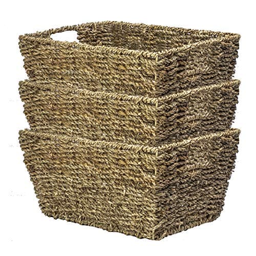 Image of Natural Seagrass Storage Basket Set of 3 – Handwoven Hampers with Handles | Nesting Bathroom, Home Office & Bedroom Organizers – Rustic Wicker Style | M&W