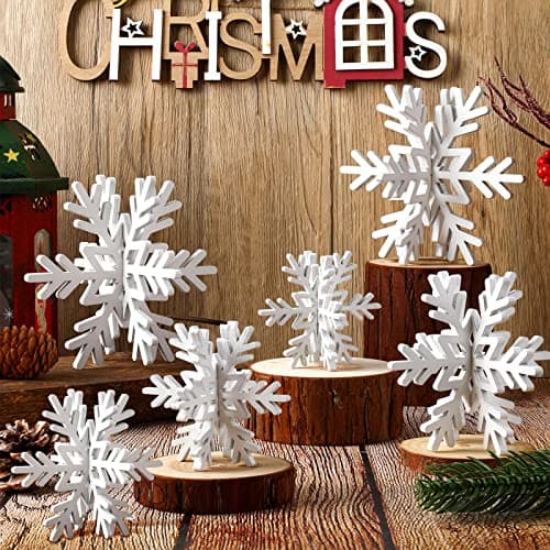 Image of Bucherry 12 Pcs Wooden Snowflake Table Decor 3D Snowflake Tabletop Signs and Centerpiece for Christmas Xmas Winter Wonderland Decorations Home Party(White)
