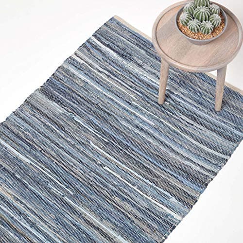 Image of HOMESCAPES 100% Recycled Blue Denim Chindi Rug Handmade Eco Friendly Real Denim Striped Rug, 70 x 120 cm